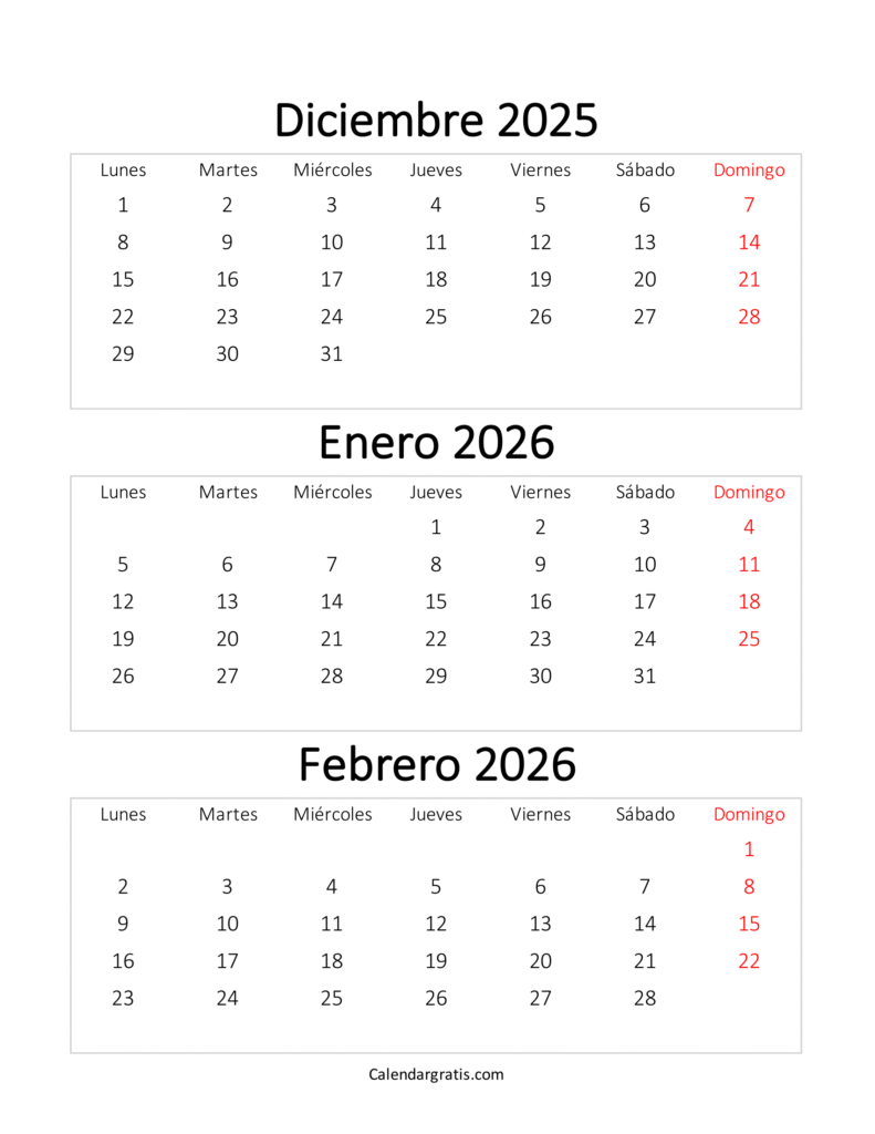 calendario diciembre 2025 enero febrero 2026 gratis