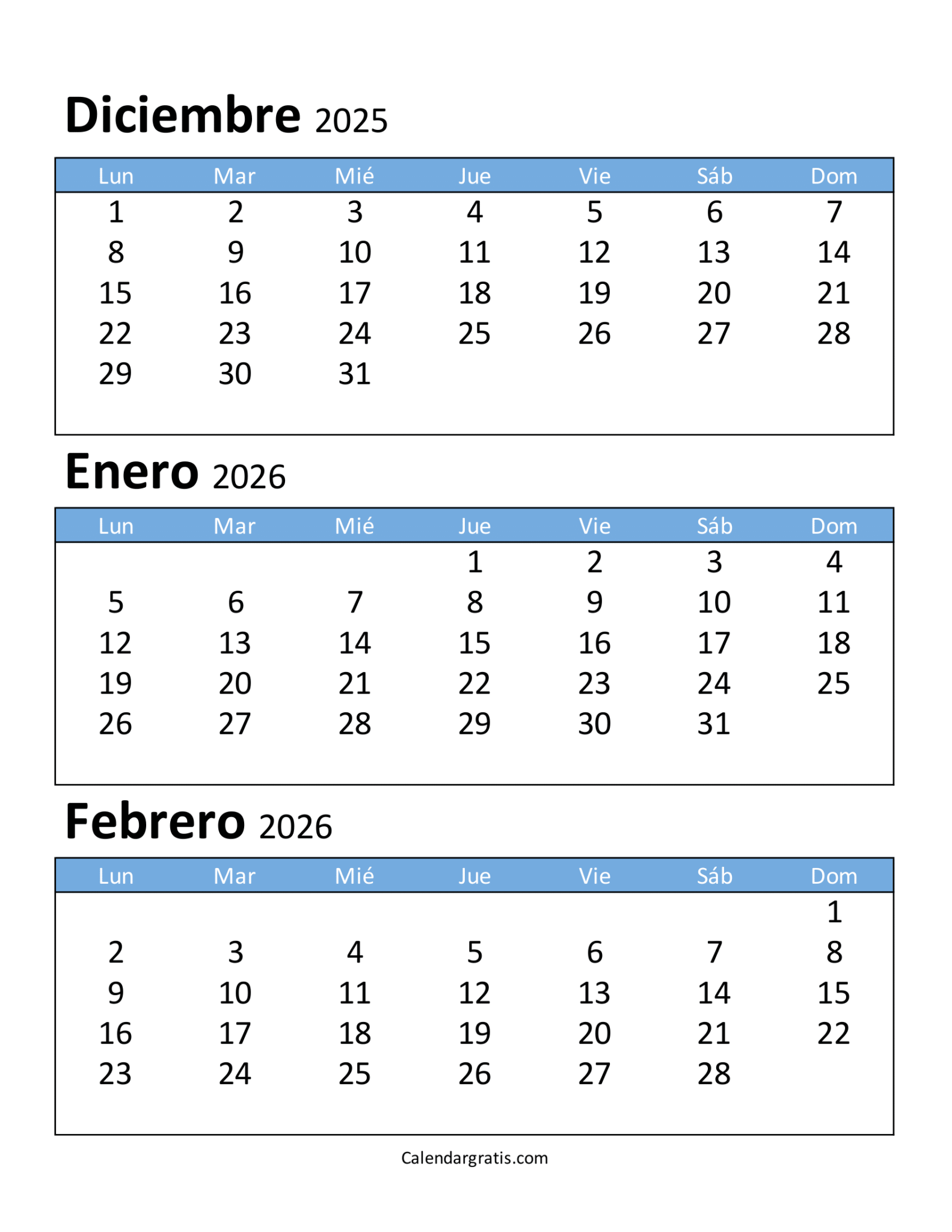 calendario diciembre 2025 enero febrero 2026 para imprimir gratis