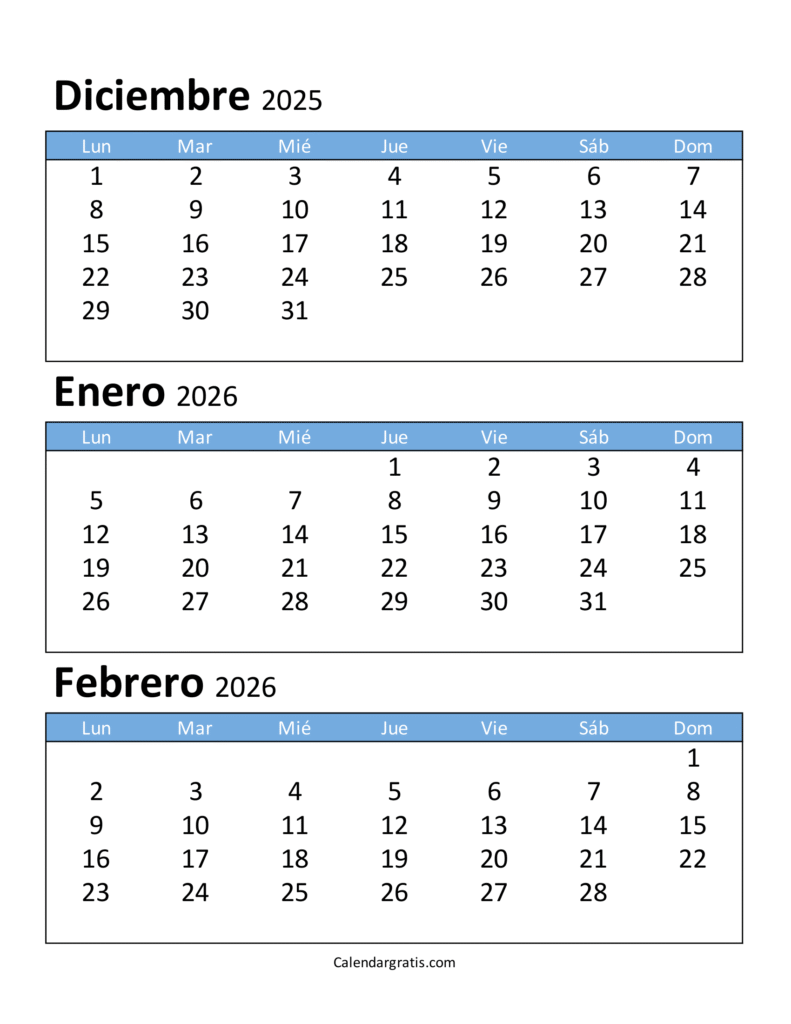 calendario diciembre 2025 enero febrero 2026 para imprimir
