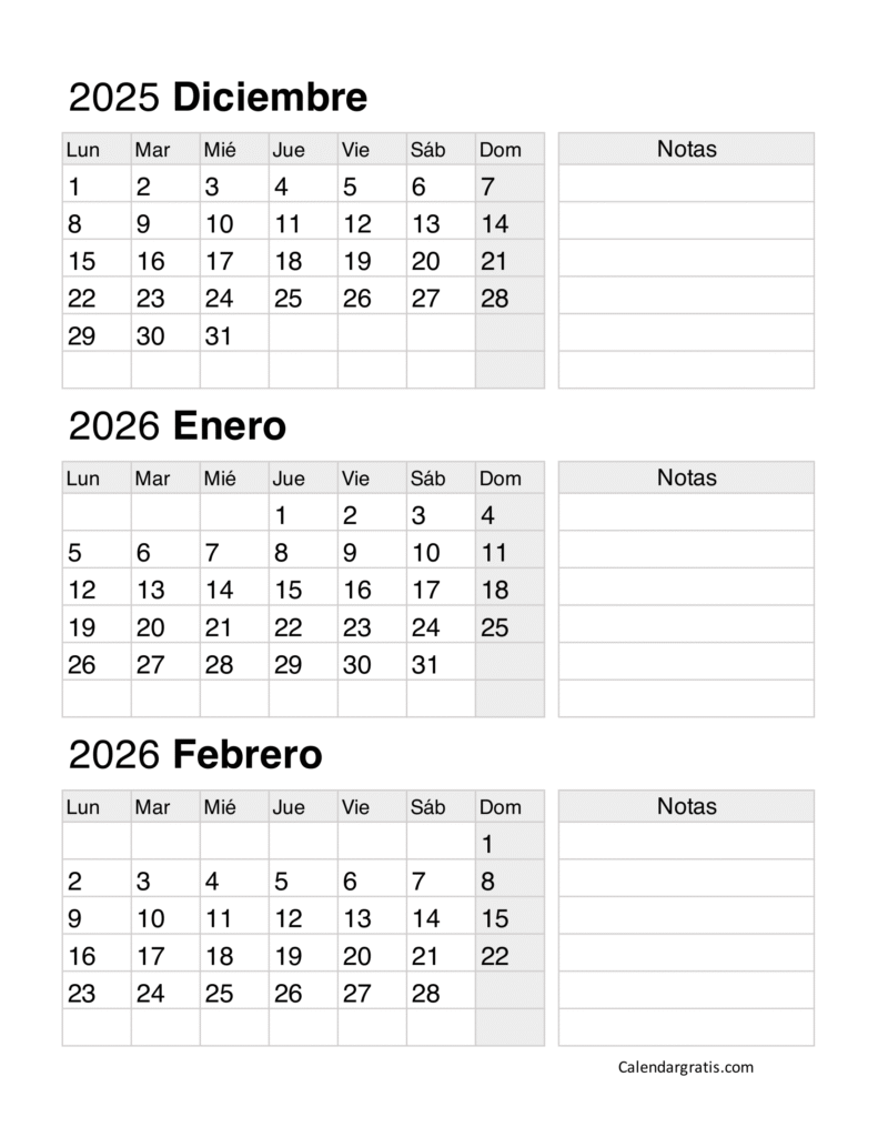calendario trimestral diciembre 2025 enero febrero 2026