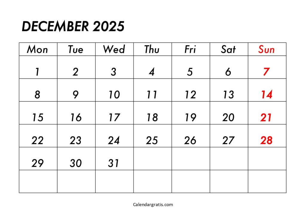 December 2025 Calendar Monday Start