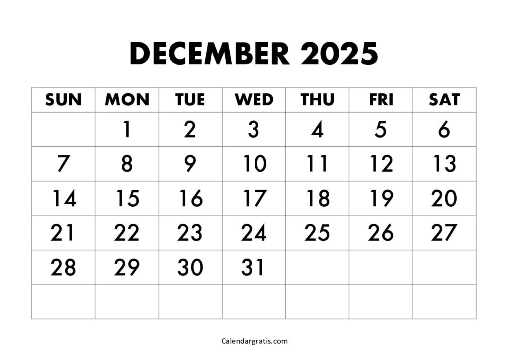 December 2025 Calendar with Bold Monthly Dates