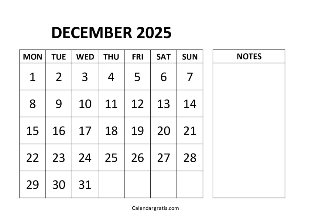 December 2025 Calendar with Notes