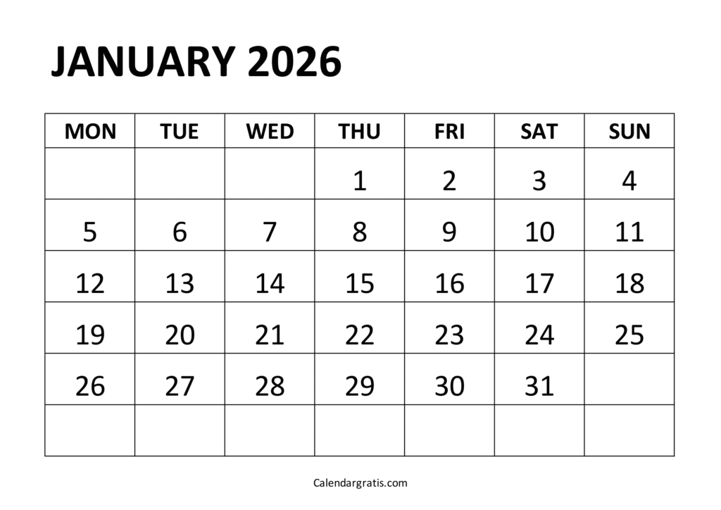 Printable January 2026 Calendar