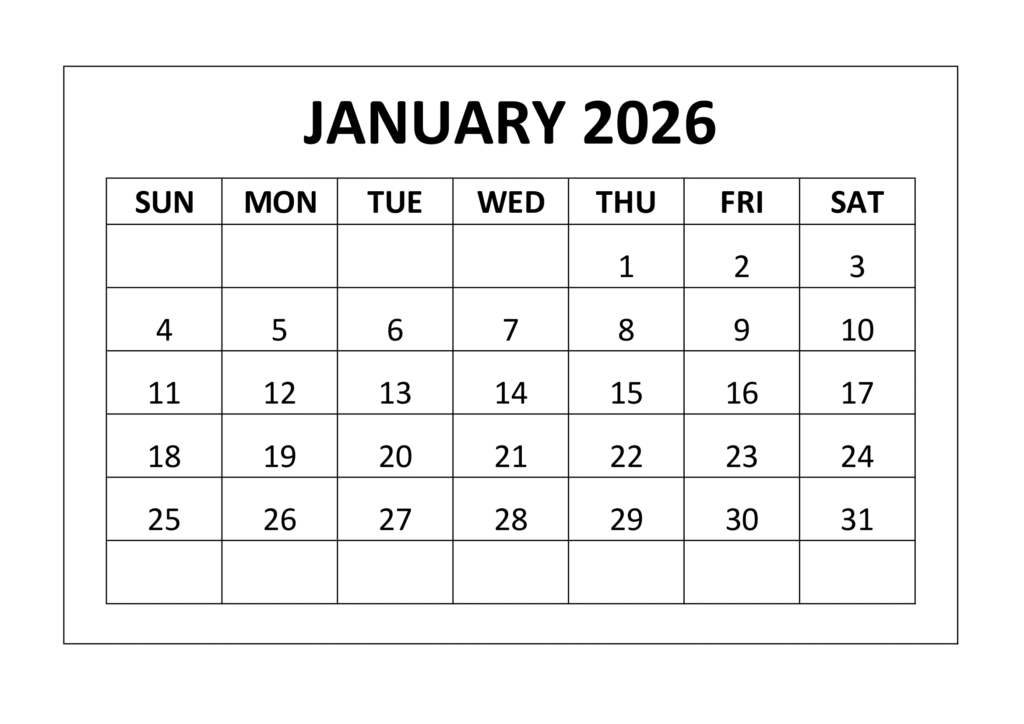 January 2026 Calendar Black & White