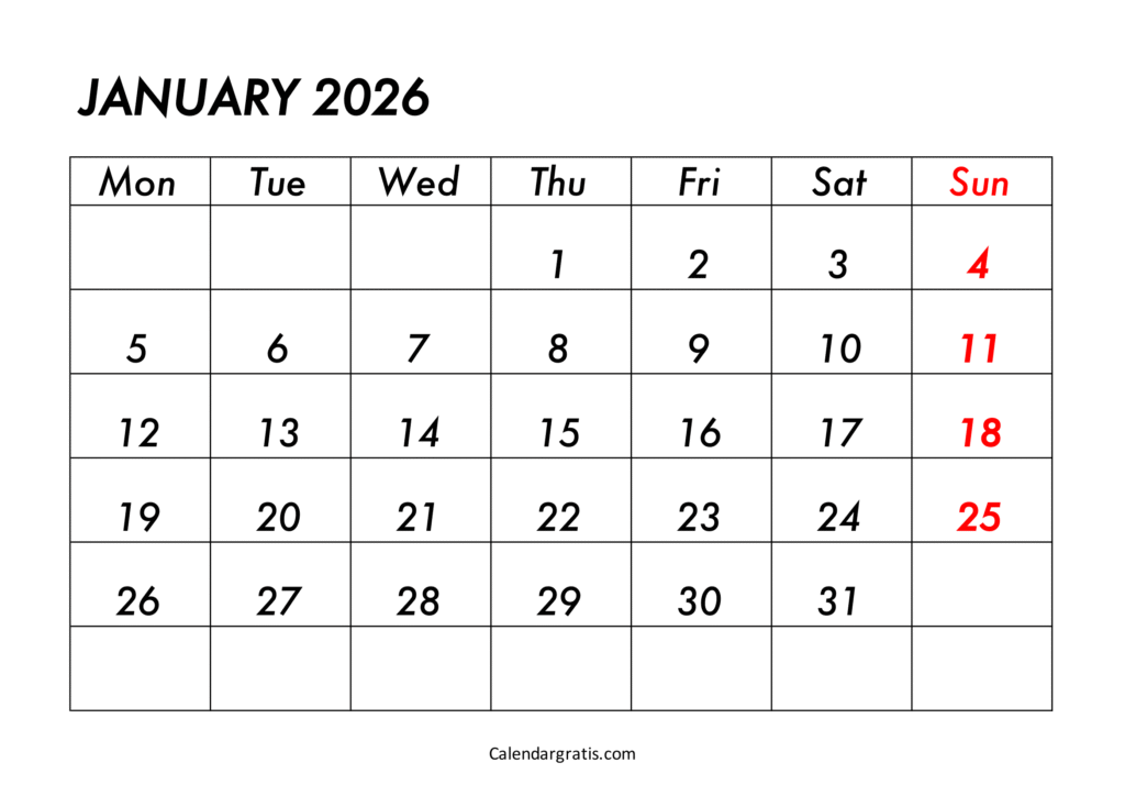 January 2026 Calendar Monday Start