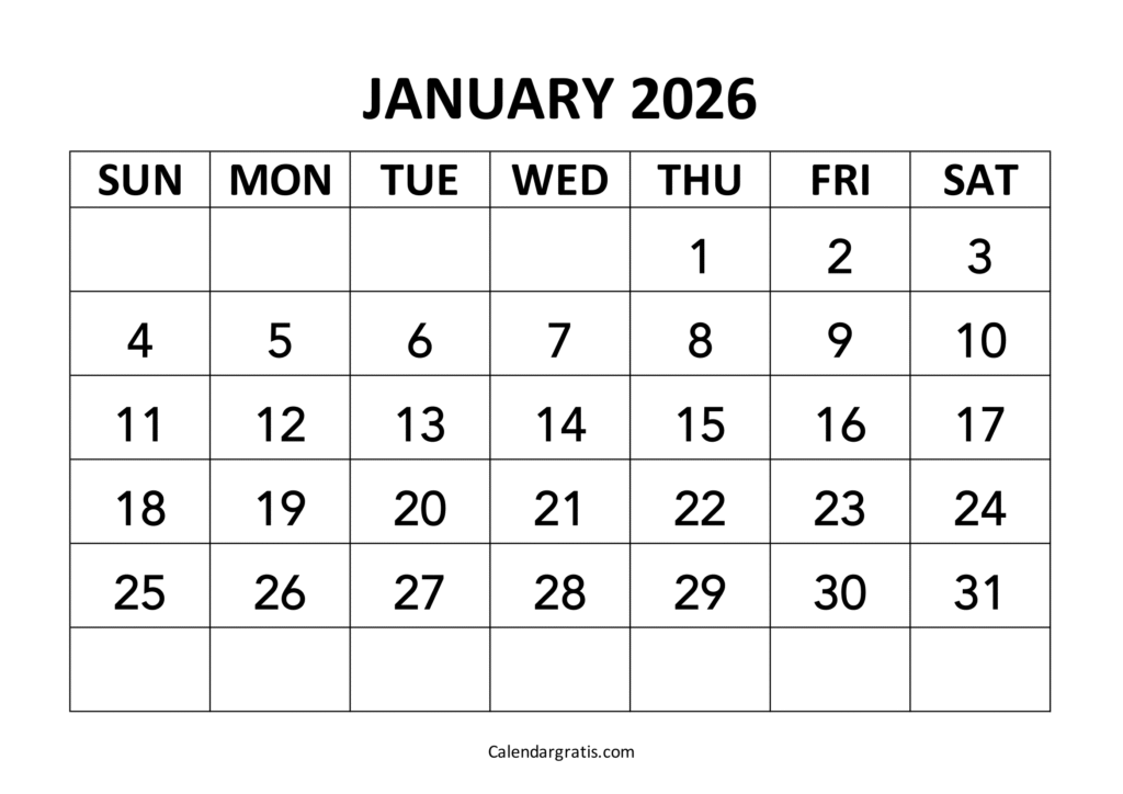 January 2026 Calendar Sunday Start