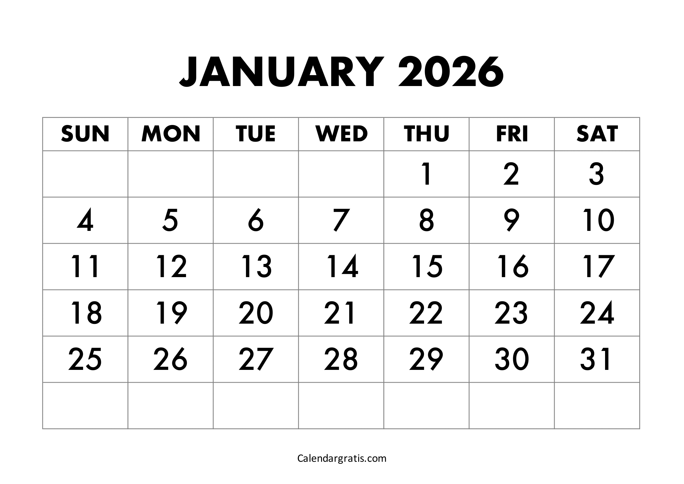 January 2026 Calendar with Bold Monthly Dates