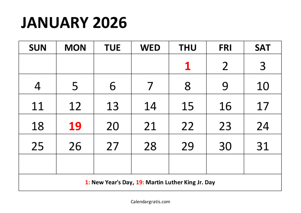 January 2026 Calendar with Holidays