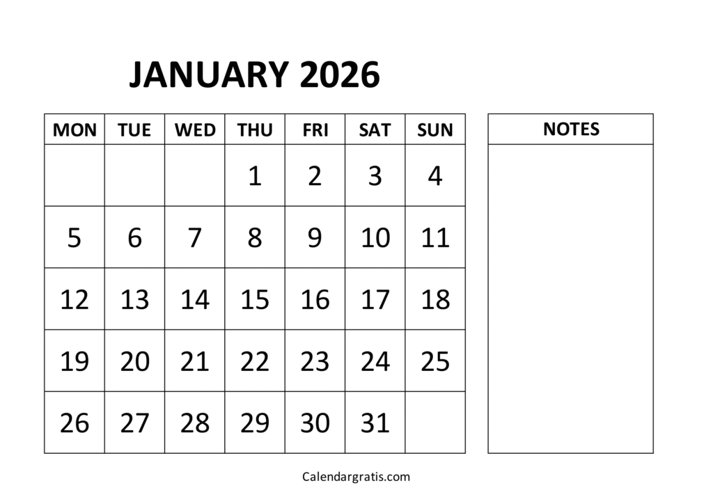 January 2026 Calendar with Notes