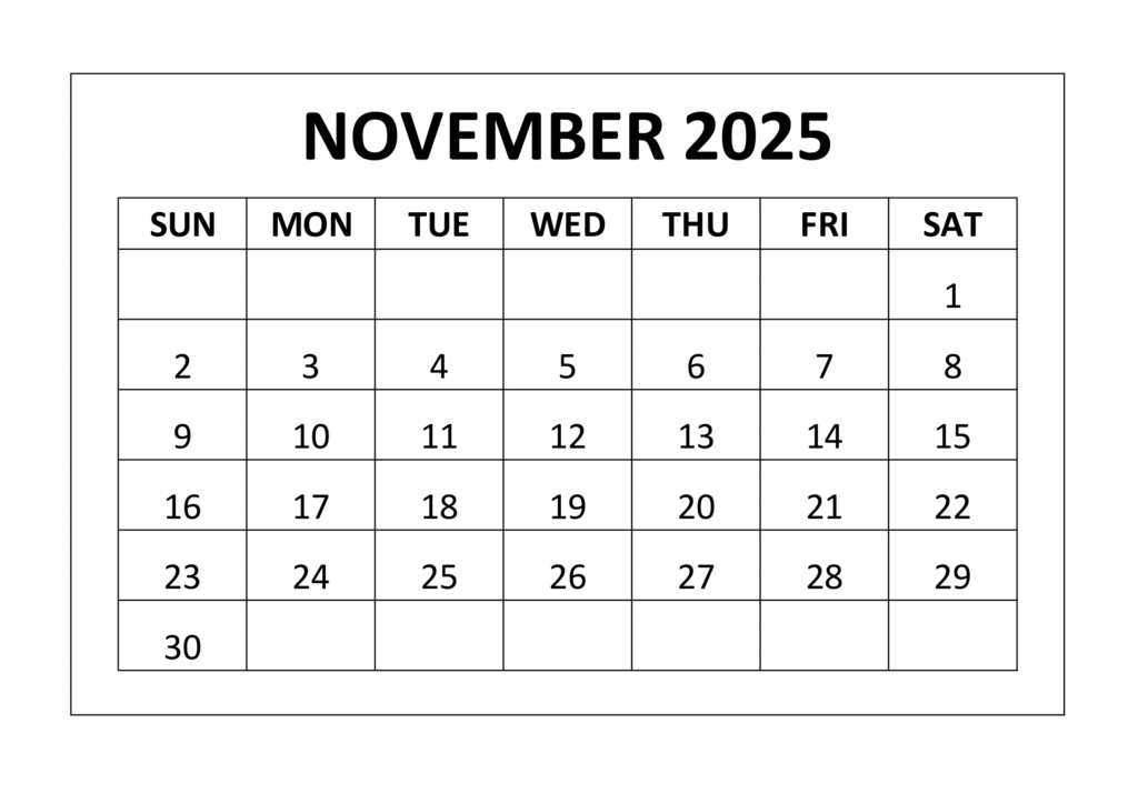 November 2025 Calendar Black & White