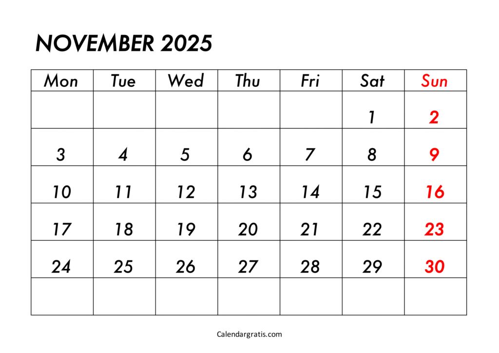 November 2025 Calendar Monday Start