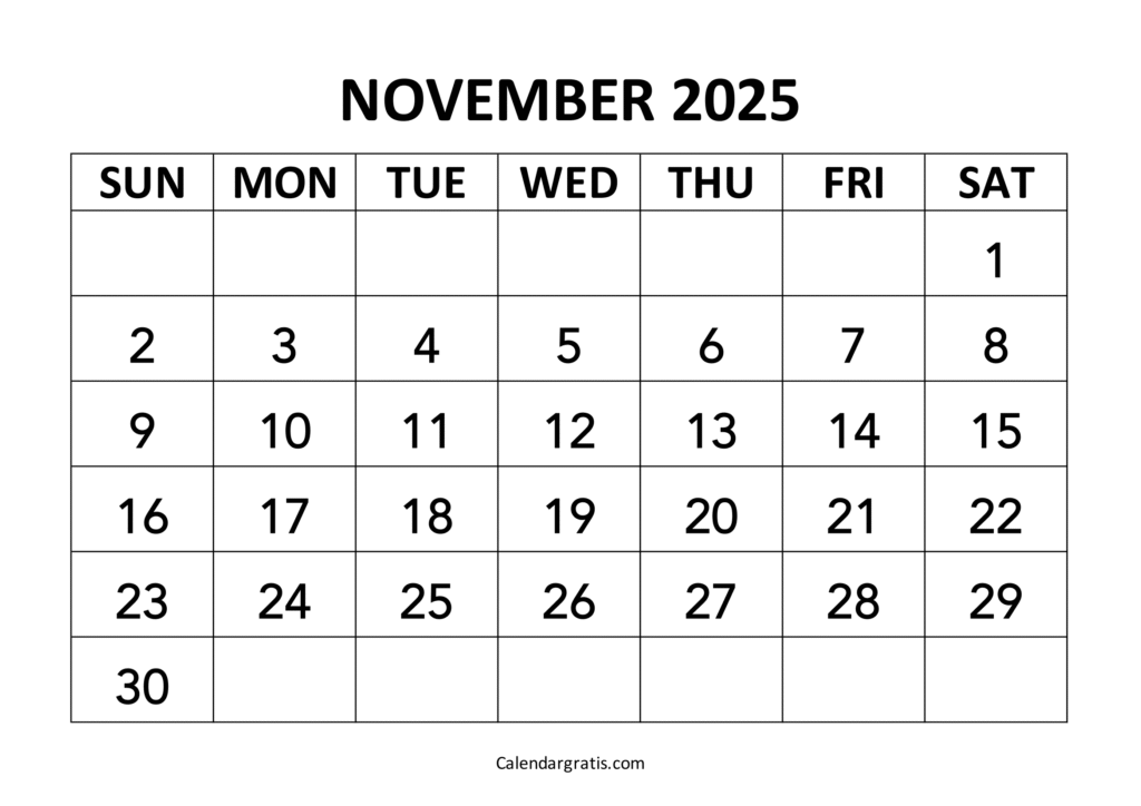 November 2025 Calendar Sunday Start