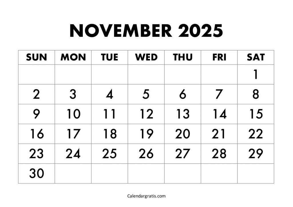November 2025 Calendar with Bold Monthly Dates