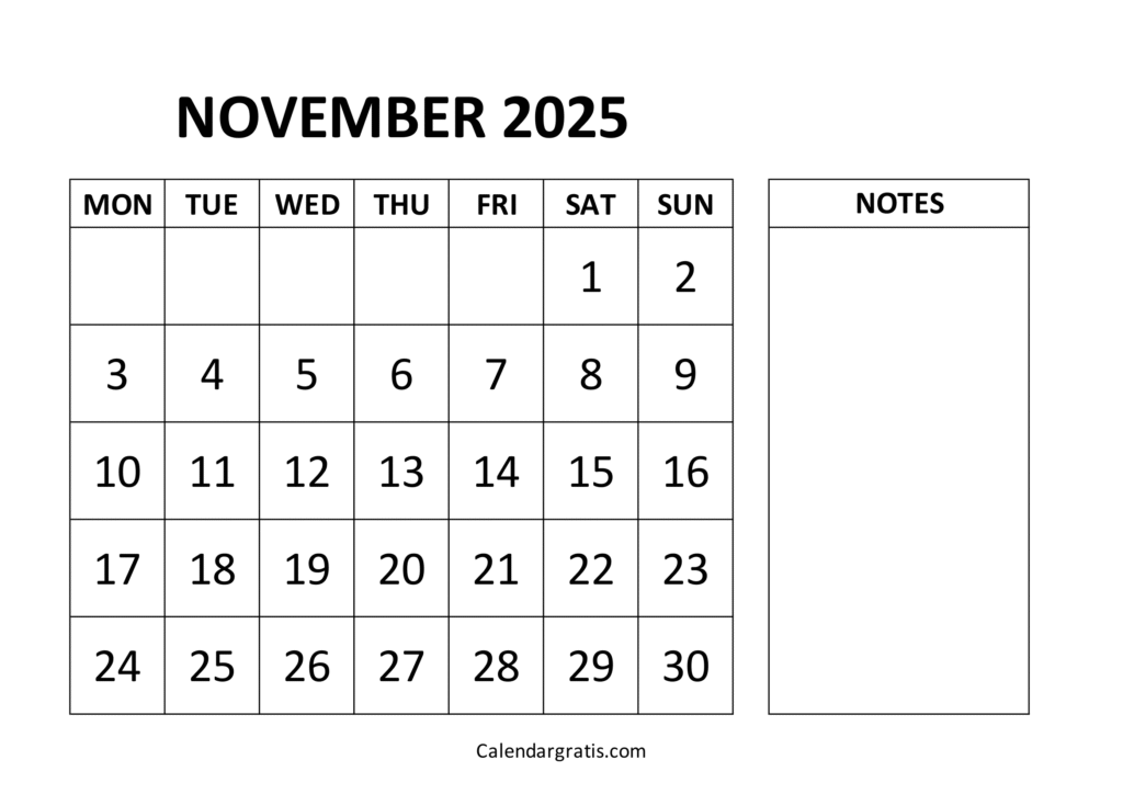 November 2025 Calendar with Notes