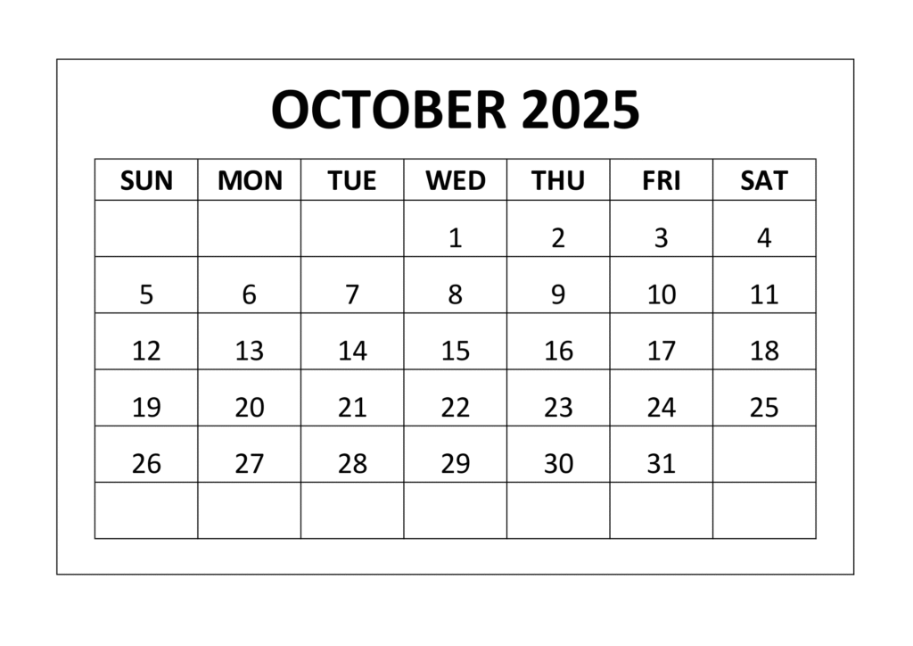 October 2025 Calendar Black & White