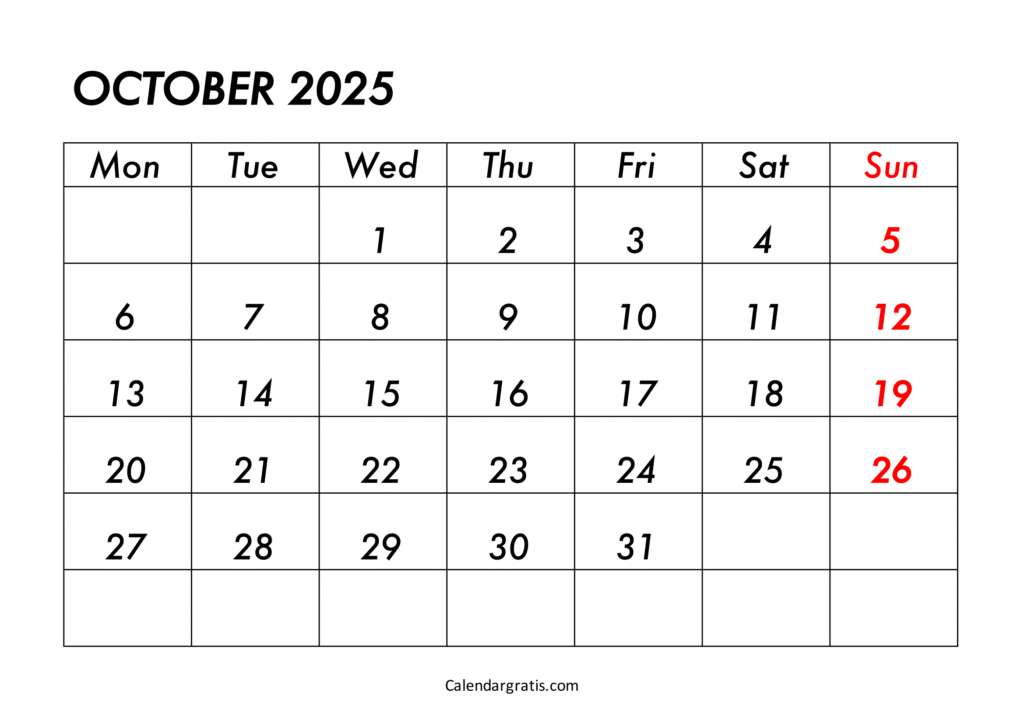 October 2025 Calendar Monday Start