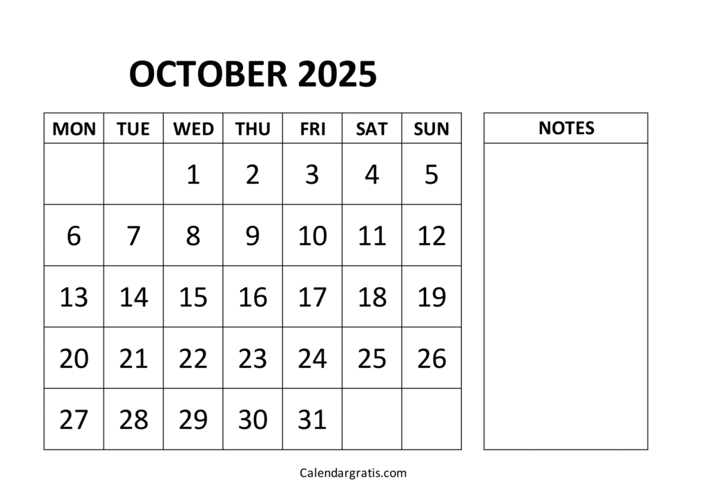 October 2025 Calendar with Notes
