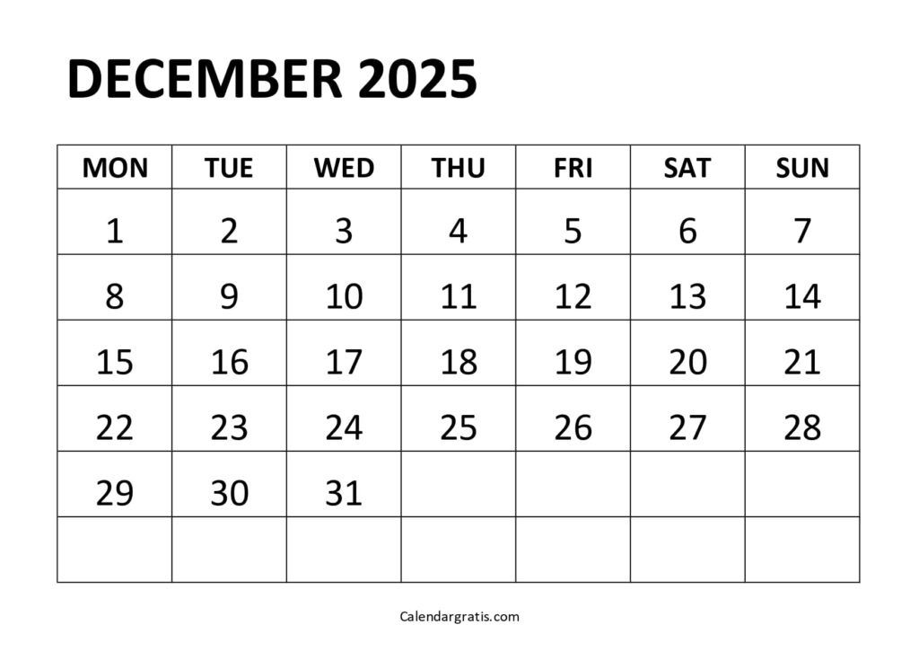 Printable December 2025 Calendar