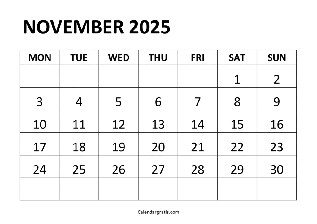 Printable November 2025 Calendar