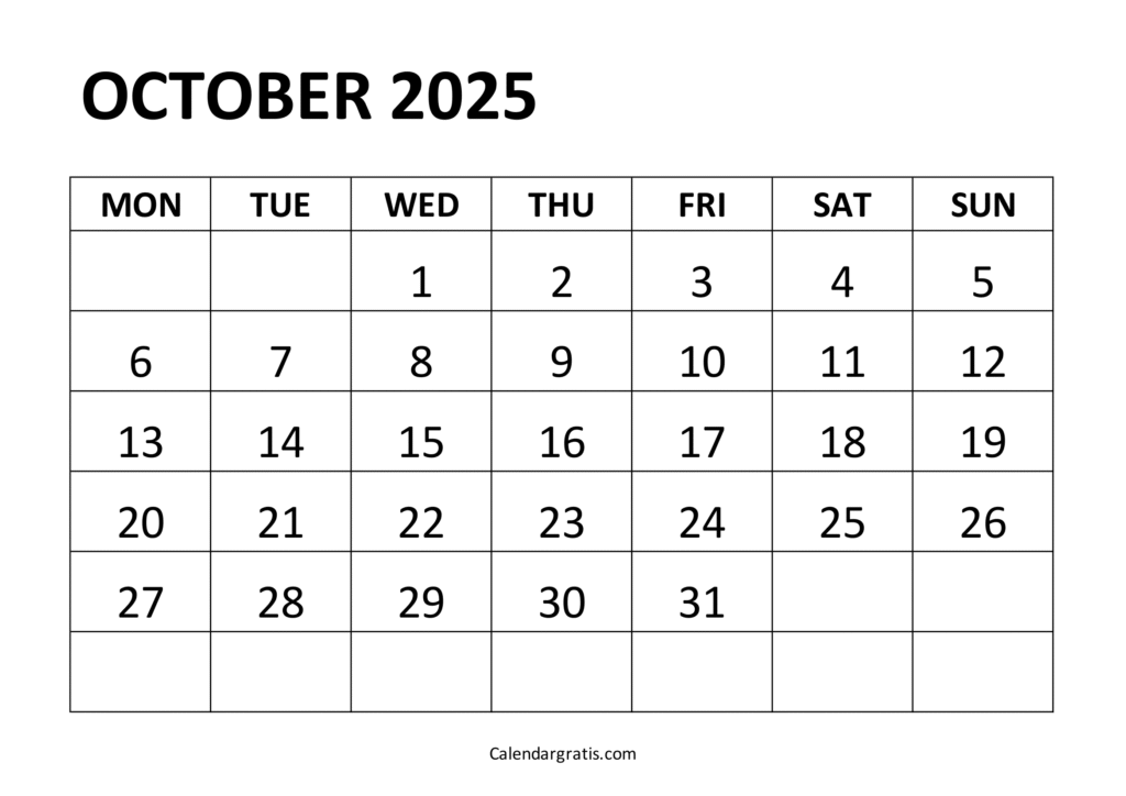 Printable October 2025 Calendar