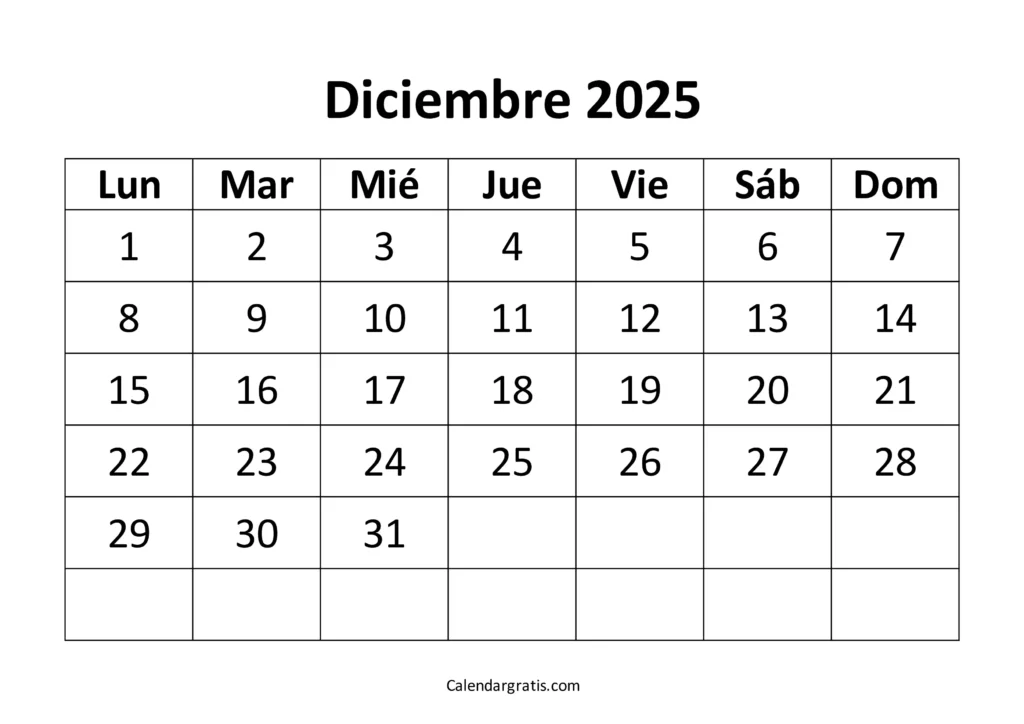calendario diciembre 2025 blanco y negro