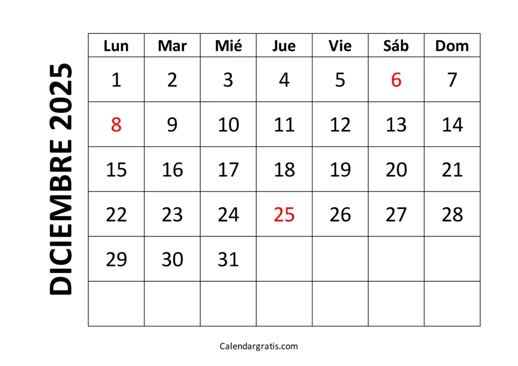 calendario diciembre 2025 con festivos