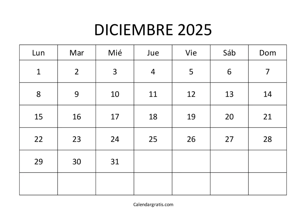 calendario diciembre 2025 en blanco