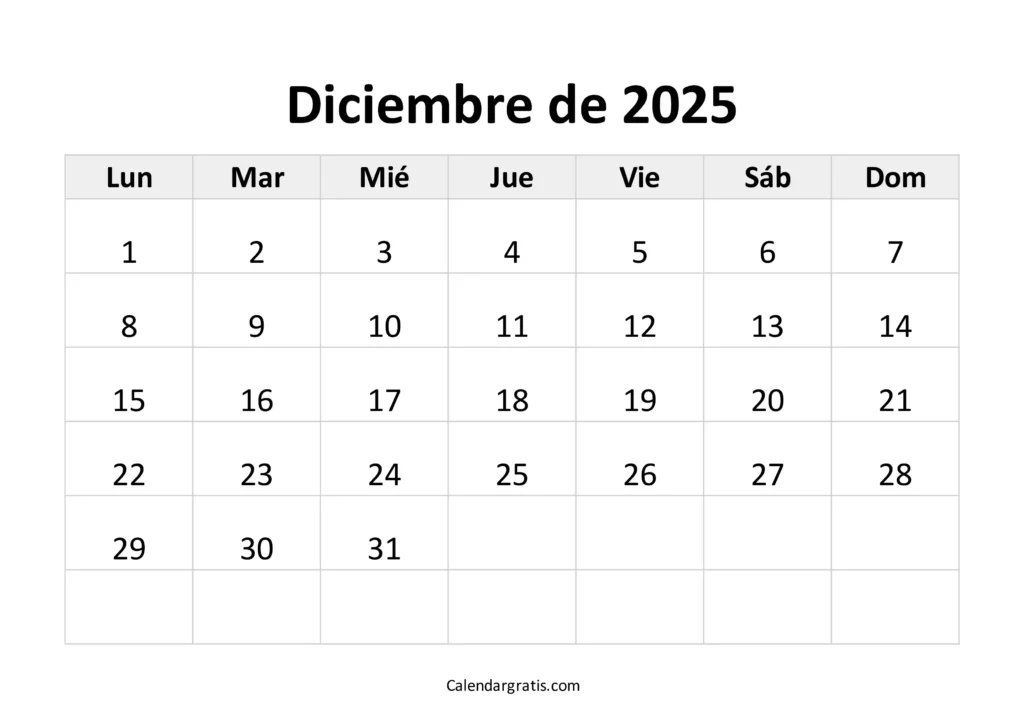 calendario diciembre 2025 gratis