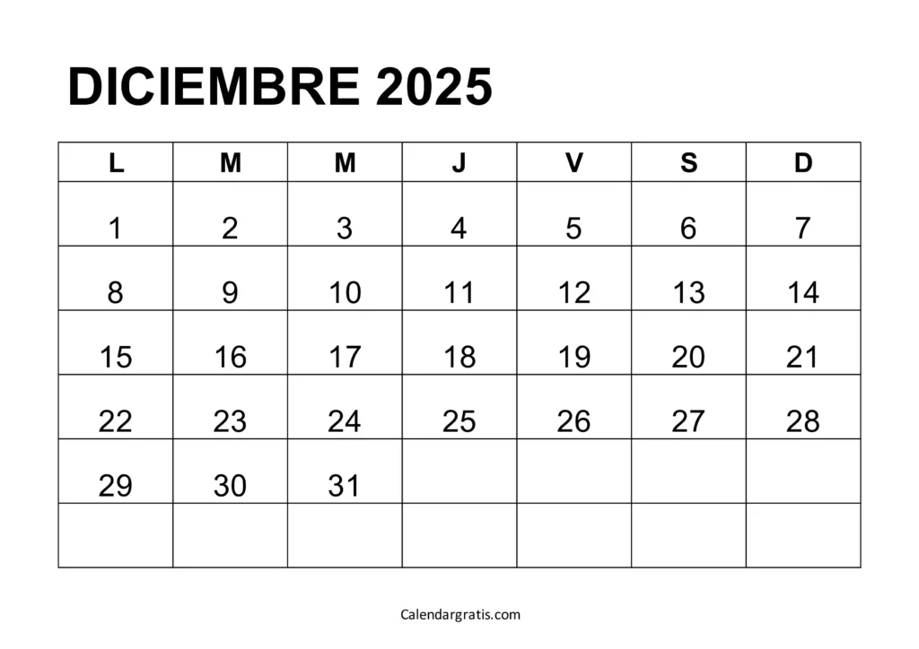 calendario diciembre 2025 para imprimir