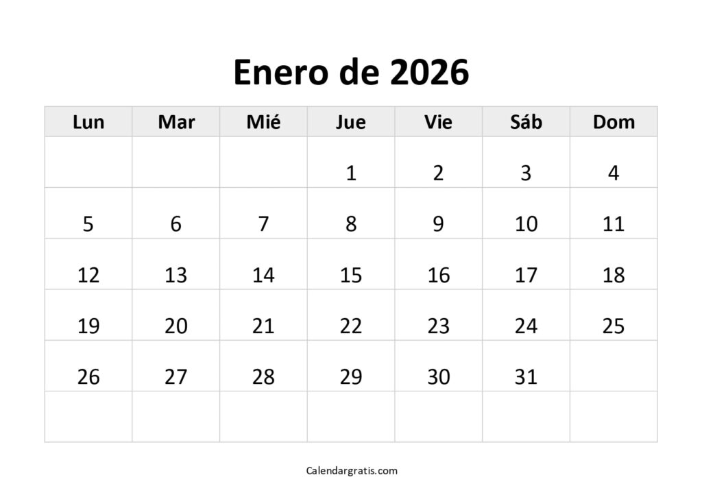 calendario enero 2026 blanco y negro
