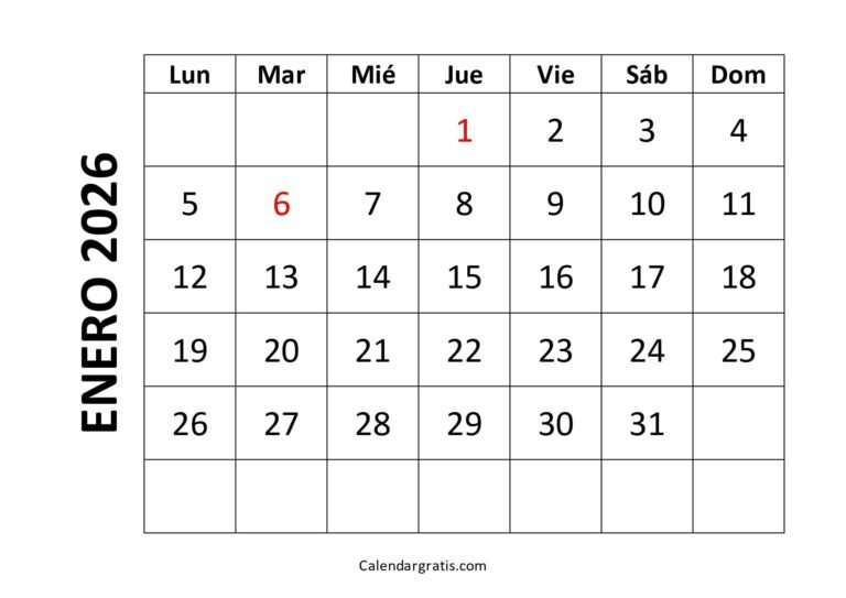 calendario enero 2026 para imprimir gratis