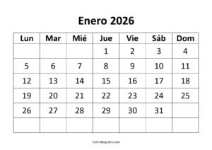 calendario enero 2026 para imprimir gratis