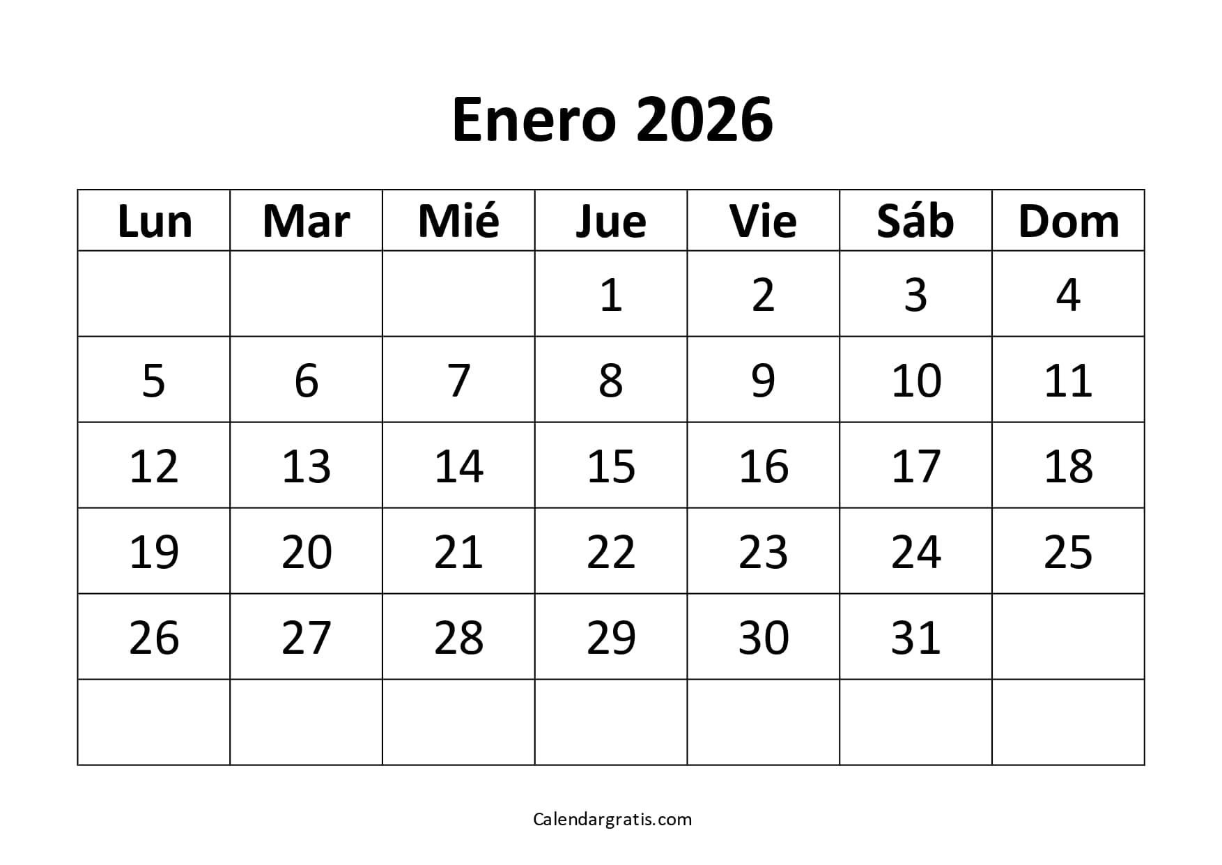 calendario enero 2026 en blanco