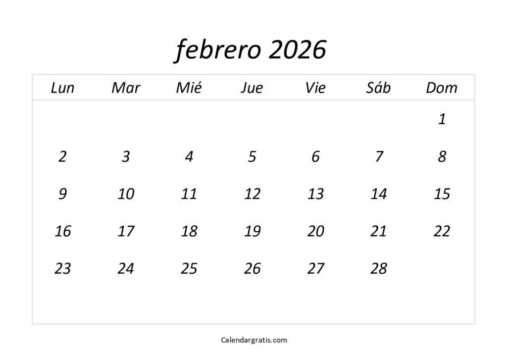 calendario febrero 2026 para imprimir