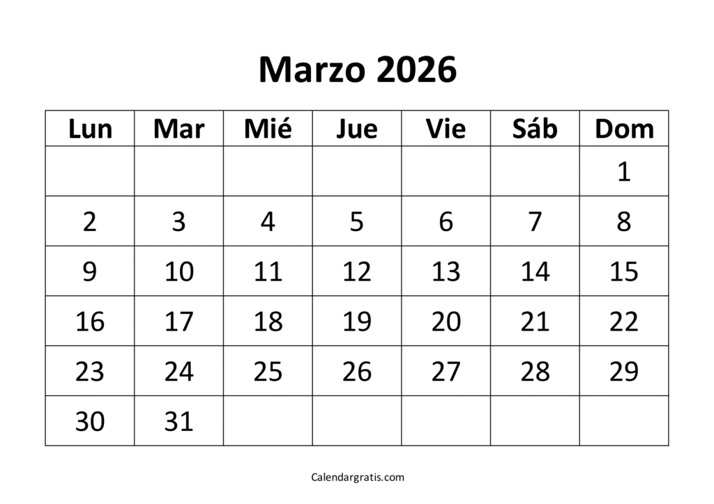calendario marzo 2026 blanco y negro