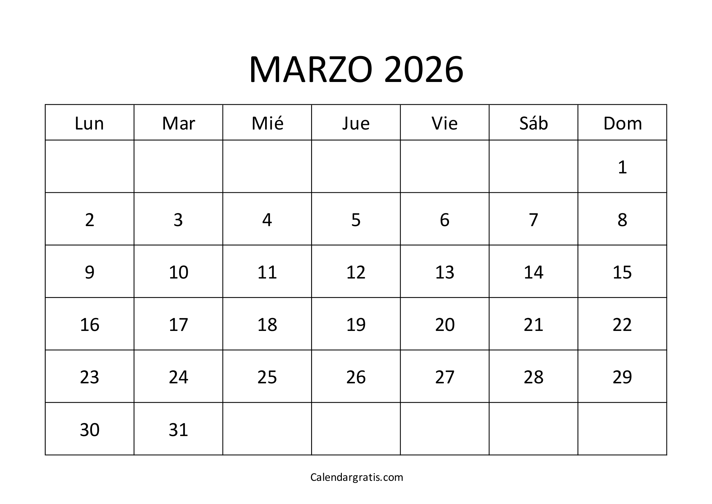 calendario marzo 2026 en blanco