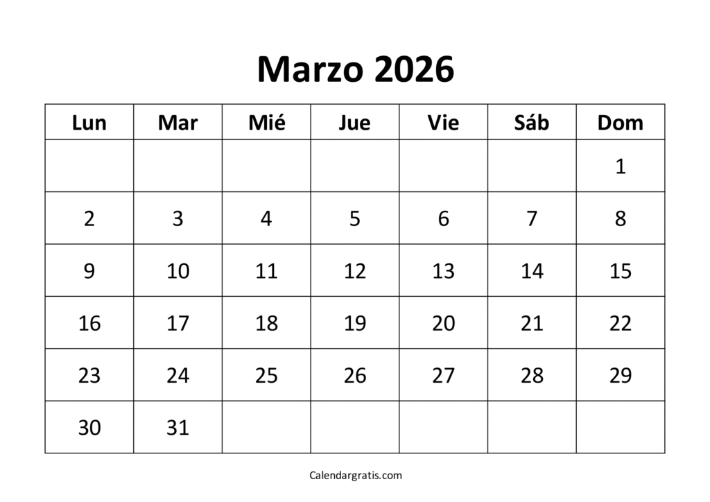 calendario marzo 2026 imprimible