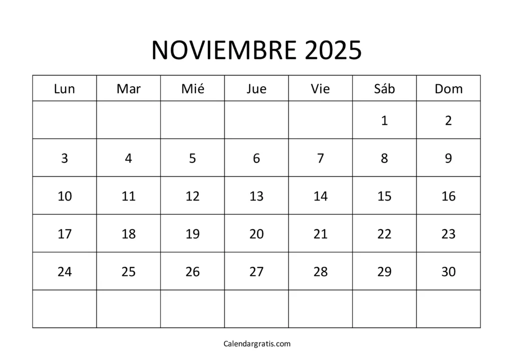 calendario noviembre 2025 en blanco