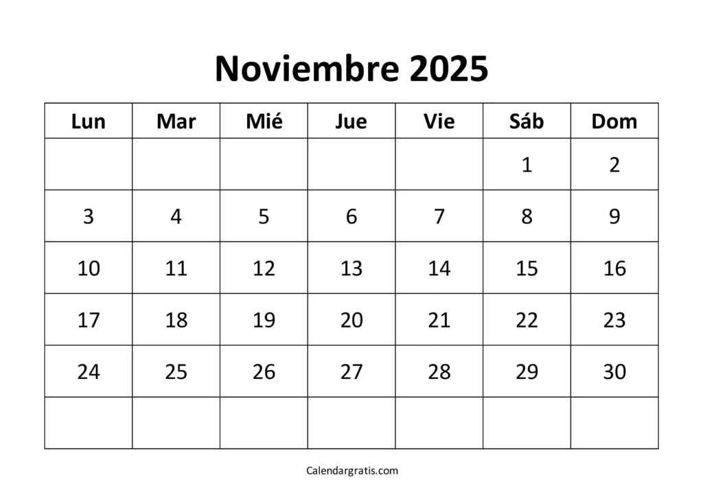 calendario noviembre 2025 imprimible