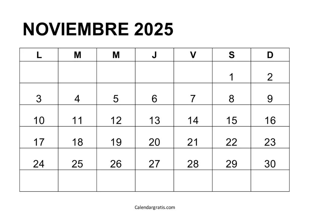 calendario noviembre 2025 para imprimir