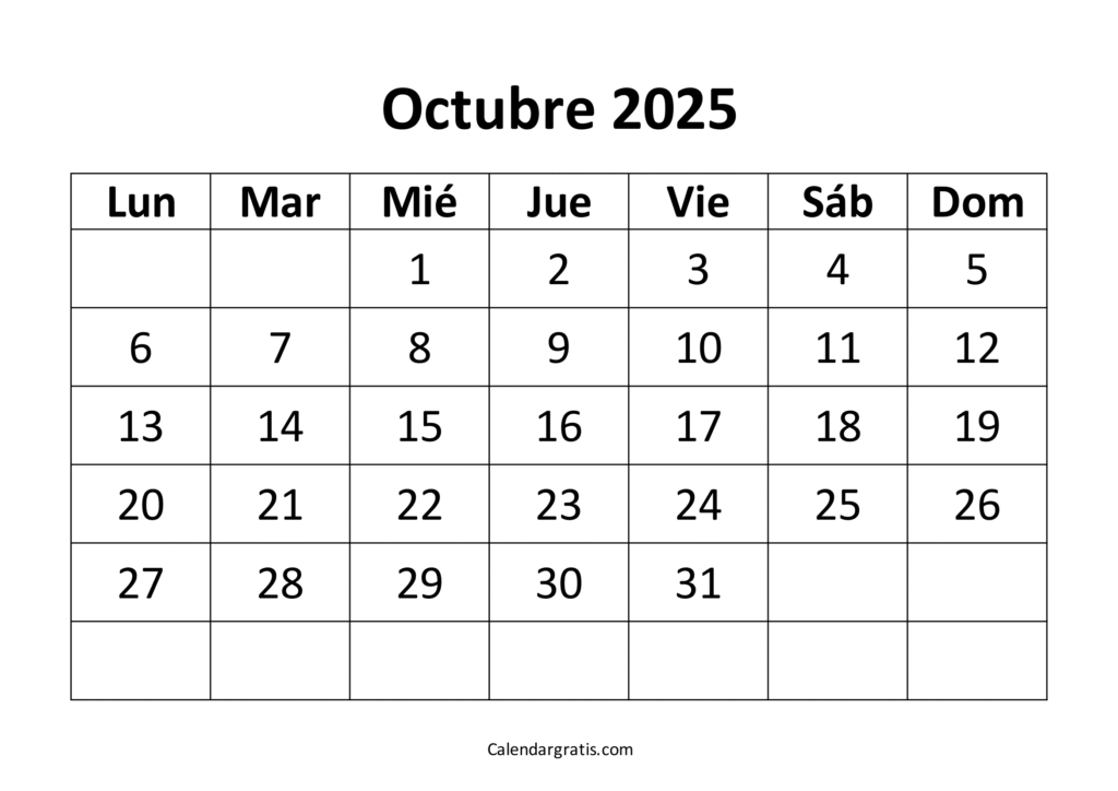 calendario octubre 2025 en blanco
