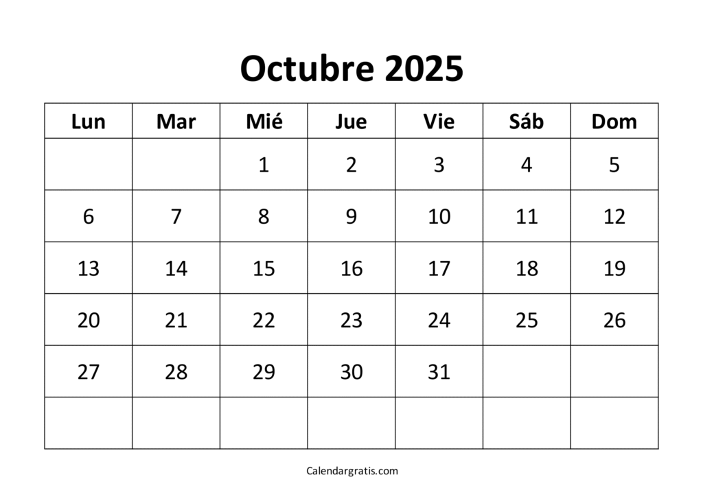 calendario octubre 2025 imprimible