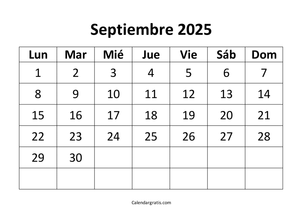calendario septiembre 2025 blanco y negro