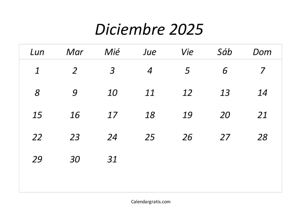 plantilla de calendario de diciembre de 2025