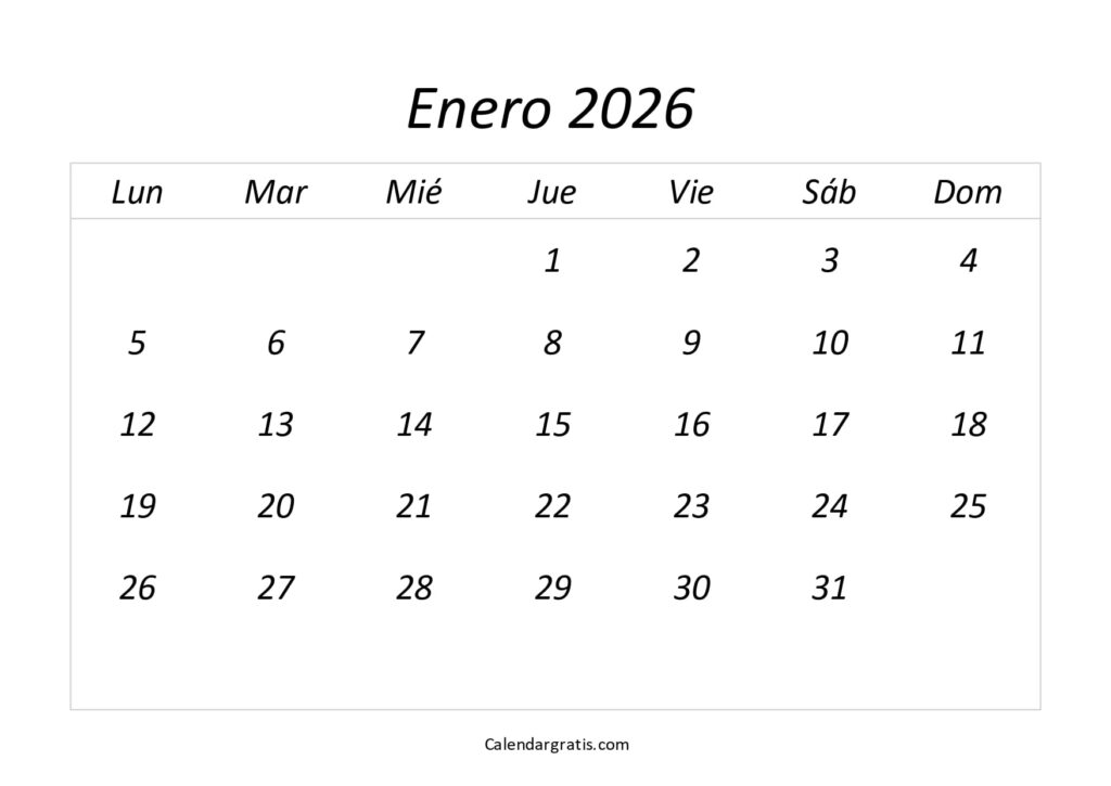 plantilla de calendario de enero de 2026
