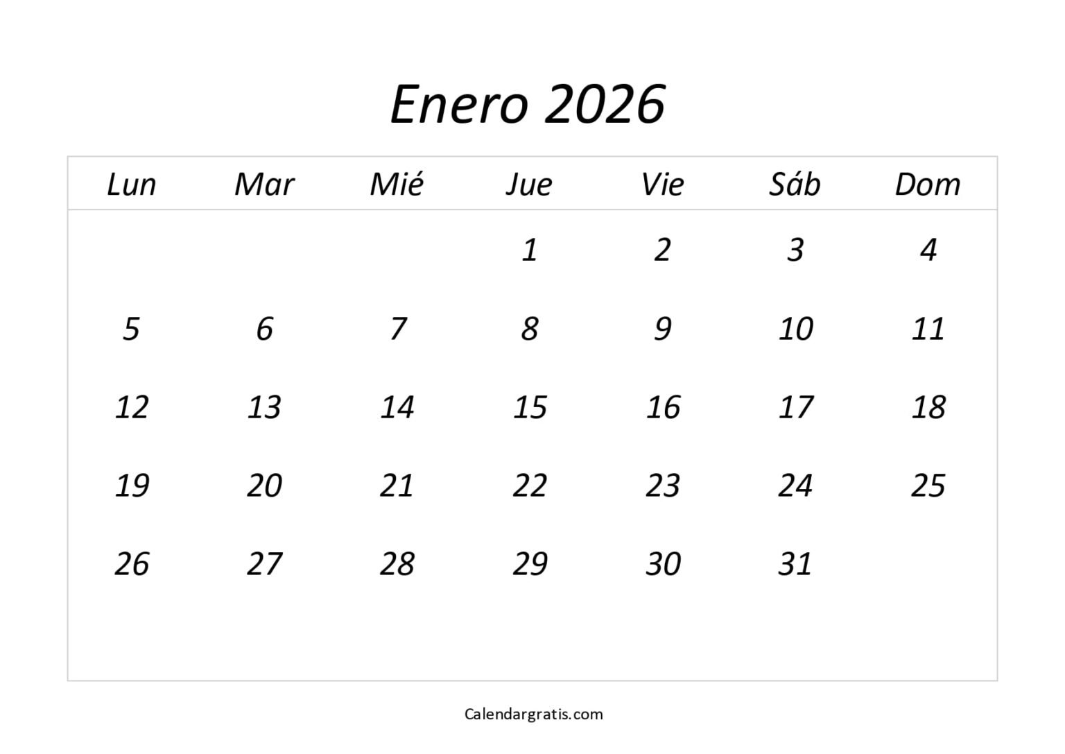 calendario enero 2026 para imprimir gratis