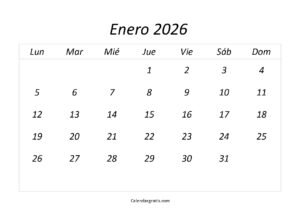 calendario enero 2026 para imprimir gratis