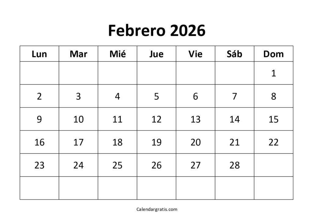 plantilla de calendario de febrero de 2026