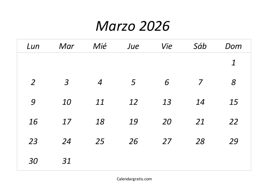 plantilla de calendario de marzo de 2026